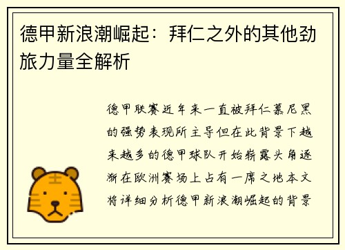 德甲新浪潮崛起：拜仁之外的其他劲旅力量全解析